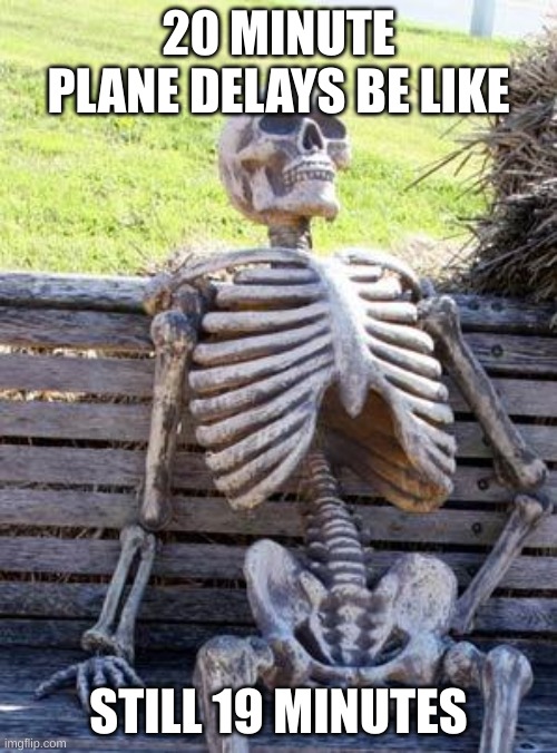 Waiting Skeleton | 20 MINUTE PLANE DELAYS BE LIKE; STILL 19 MINUTES | image tagged in memes,waiting skeleton | made w/ Imgflip meme maker