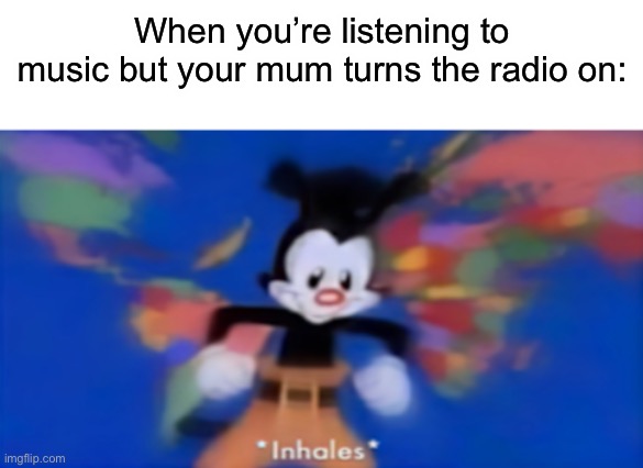 Why do mums do this | When you’re listening to music but your mum turns the radio on: | image tagged in yakko inhale,memes,funny,relatable | made w/ Imgflip meme maker