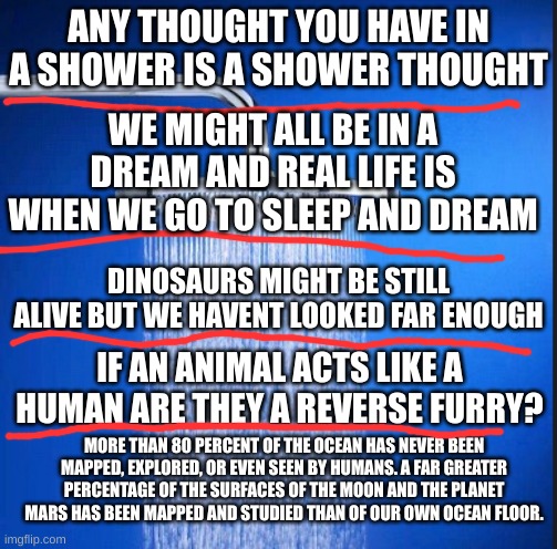 making one because flick7 wont | ANY THOUGHT YOU HAVE IN A SHOWER IS A SHOWER THOUGHT; WE MIGHT ALL BE IN A DREAM AND REAL LIFE IS WHEN WE GO TO SLEEP AND DREAM; DINOSAURS MIGHT BE STILL ALIVE BUT WE HAVENT LOOKED FAR ENOUGH; IF AN ANIMAL ACTS LIKE A HUMAN ARE THEY A REVERSE FURRY? MORE THAN 80 PERCENT OF THE OCEAN HAS NEVER BEEN MAPPED, EXPLORED, OR EVEN SEEN BY HUMANS. A FAR GREATER PERCENTAGE OF THE SURFACES OF THE MOON AND THE PLANET MARS HAS BEEN MAPPED AND STUDIED THAN OF OUR OWN OCEAN FLOOR. | image tagged in shower thoughts | made w/ Imgflip meme maker