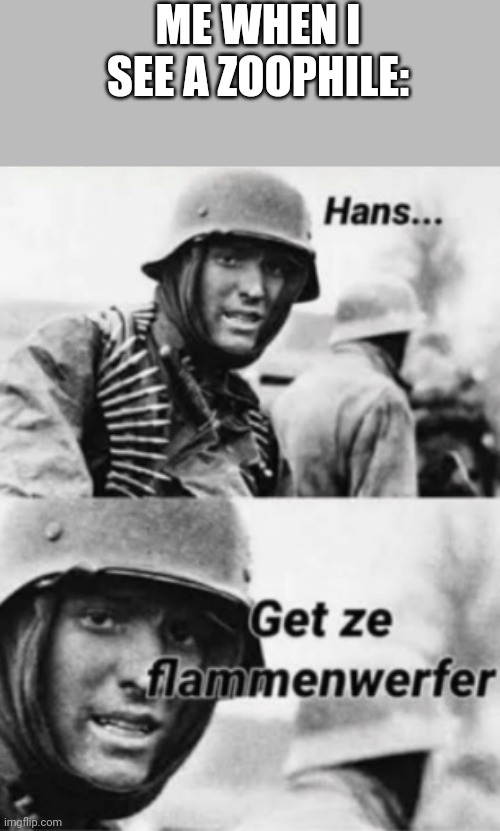 Hans, Get ze flammenwerfer | ME WHEN I SEE A ZOOPHILE: | image tagged in hans get ze flammenwerfer | made w/ Imgflip meme maker