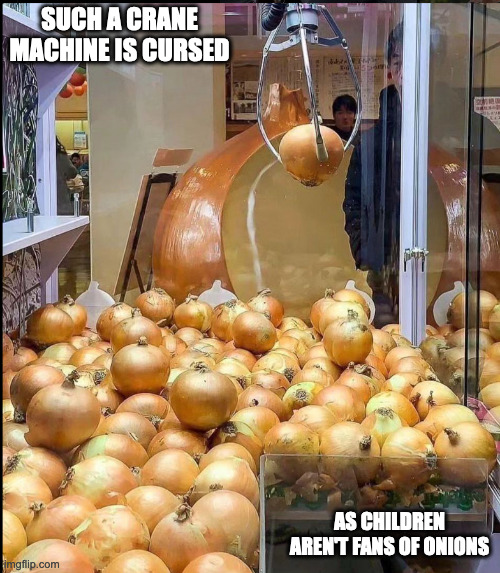 Onion Crane Machine | SUCH A CRANE MACHINE IS CURSED; AS CHILDREN AREN'T FANS OF ONIONS | image tagged in crane machine,onion,memes | made w/ Imgflip meme maker