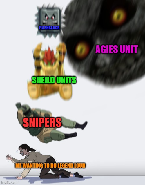 EP SLANDER: 4 | FLASHBANGS; AGIES UNIT; SHEILD UNITS; SNIPERS; ME WANTING TO DO LEGEND LOUD | image tagged in crushing combo | made w/ Imgflip meme maker