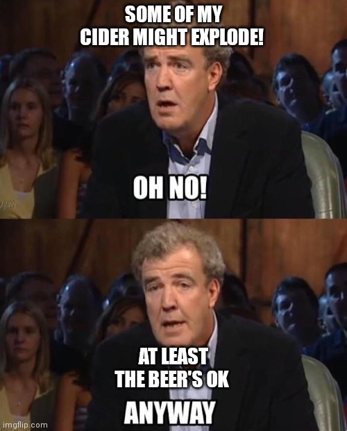 Jeremy Clarkson Anyway | SOME OF MY CIDER MIGHT EXPLODE! AT LEAST THE BEER'S OK | image tagged in jeremy clarkson anyway | made w/ Imgflip meme maker