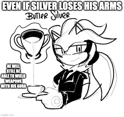 Butler Silver | EVEN IF SILVER LOSES HIS ARMS; HE WILL STILL BE ABLE TO WIELD WEAPONS WITH HIS AURA | image tagged in silver the hedgehog,sonic the hedgehog,memes | made w/ Imgflip meme maker