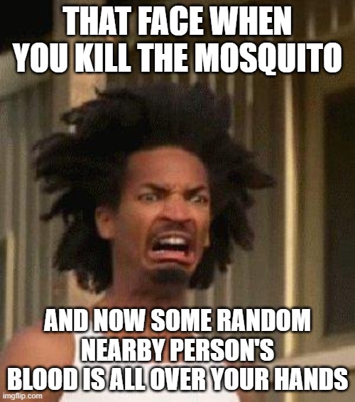 I do hate it when this happens :) | THAT FACE WHEN YOU KILL THE MOSQUITO; AND NOW SOME RANDOM NEARBY PERSON'S BLOOD IS ALL OVER YOUR HANDS | image tagged in disgusted face,mosquitoes,mosquito | made w/ Imgflip meme maker