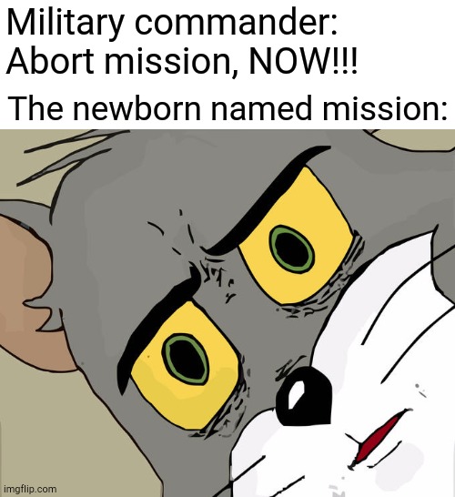Unsettled Tom Meme | Military commander: Abort mission, NOW!!! The newborn named mission: | image tagged in memes,unsettled tom,funny,dark humor,abortion,wtf | made w/ Imgflip meme maker