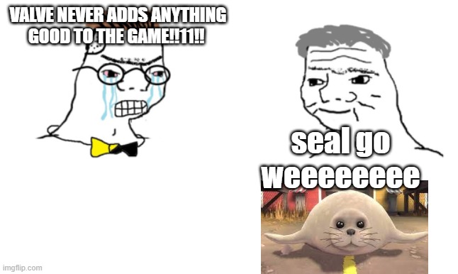 no you cant just ... | VALVE NEVER ADDS ANYTHING GOOD TO THE GAME!!11!! seal go weeeeeeee | image tagged in no you cant just | made w/ Imgflip meme maker