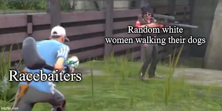 Scout jumping sniper | Random white women walking their dogs; Racebaiters | image tagged in scout jumping sniper | made w/ Imgflip meme maker