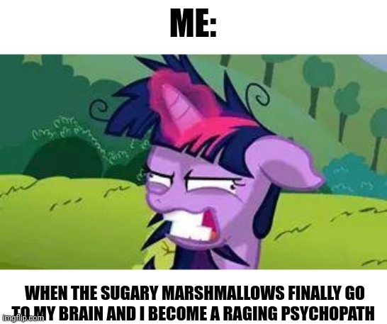 Sugary psycho | ME:; WHEN THE SUGARY MARSHMALLOWS FINALLY GO TO MY BRAIN AND I BECOME A RAGING PSYCHOPATH | image tagged in mlp | made w/ Imgflip meme maker