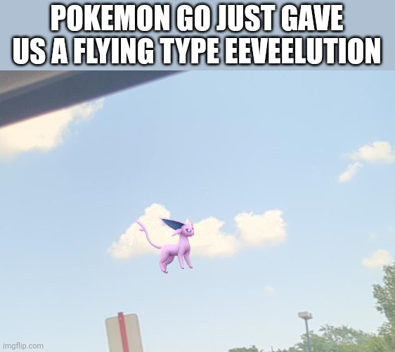 Aereon achieved | POKEMON GO JUST GAVE US A FLYING TYPE EEVEELUTION | image tagged in i never know what to put for tags | made w/ Imgflip meme maker