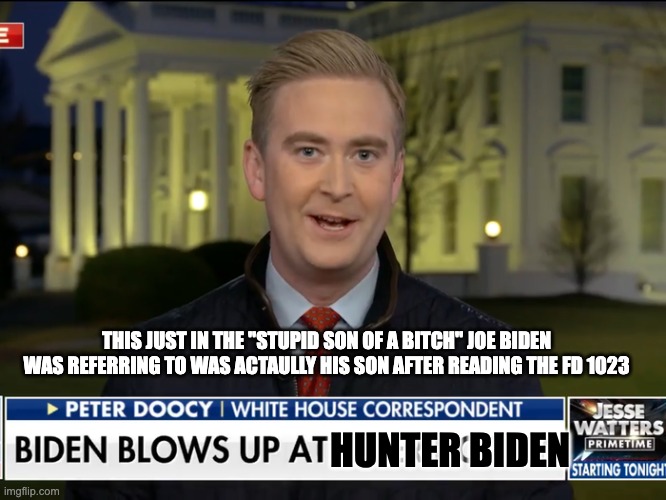 stupid SOB - rohb/rupe | THIS JUST IN THE "STUPID SON OF A BITCH" JOE BIDEN WAS REFERRING TO WAS ACTAULLY HIS SON AFTER READING THE FD 1023; HUNTER BIDEN | image tagged in peter doocy,hunter biden,joe biden | made w/ Imgflip meme maker