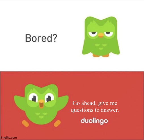 Dyin' of boredom here | Go ahead, give me questions to answer. | image tagged in duolingo bored,basic rules apply,no nsfw | made w/ Imgflip meme maker