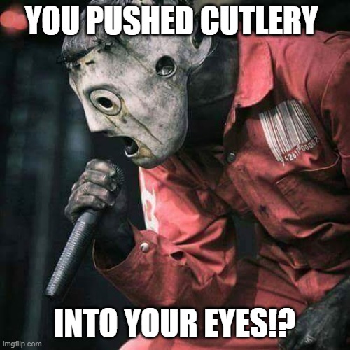 Slipknot | YOU PUSHED CUTLERY INTO YOUR EYES!? | image tagged in slipknot | made w/ Imgflip meme maker