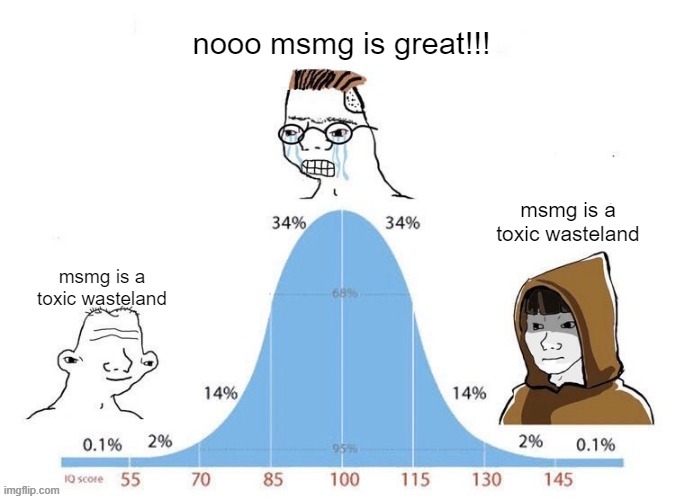 Bell Curve | nooo msmg is great!!! msmg is a toxic wasteland; msmg is a toxic wasteland | image tagged in bell curve | made w/ Imgflip meme maker