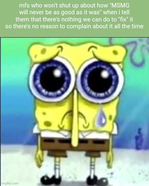 Sad Spongebob | mfs who won't shut up about how "MSMG will never be as good as it was" when i tell them that there's nothing we can do to "fix" it so there's no reason to complain about it all the time | image tagged in sad spongebob | made w/ Imgflip meme maker