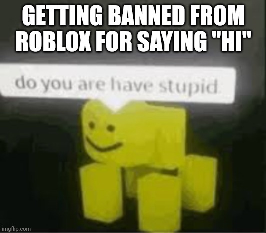 do you are have stupid | GETTING BANNED FROM ROBLOX FOR SAYING "HI" | image tagged in do you are have stupid | made w/ Imgflip meme maker
