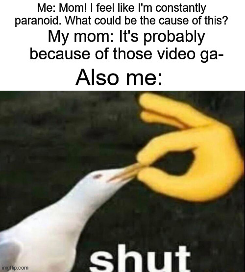 Seriously tho, WHY do parents blame Video games?! | Me: Mom! I feel like I'm constantly paranoid. What could be the cause of this? My mom: It's probably because of those video ga-; Also me: | image tagged in shut,funny | made w/ Imgflip meme maker