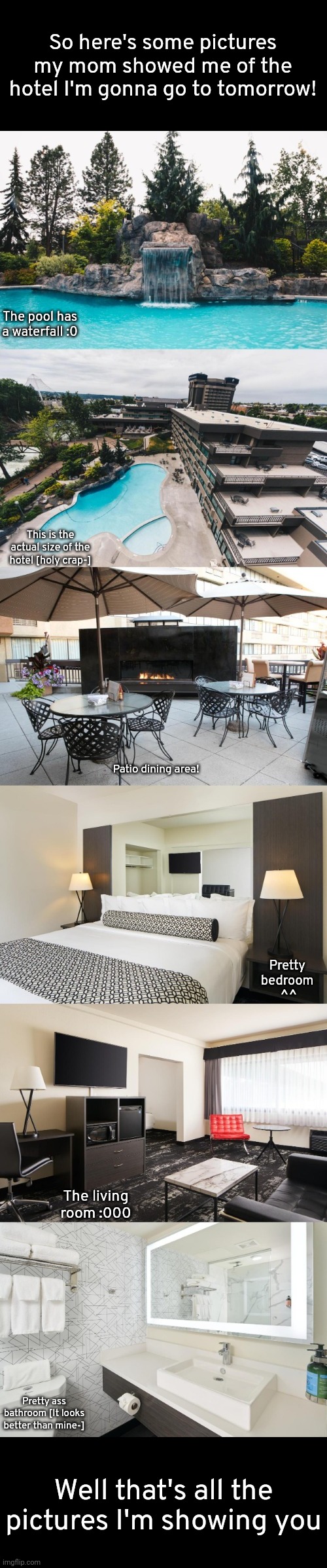 :D | So here's some pictures my mom showed me of the hotel I'm gonna go to tomorrow! The pool has a waterfall :0; This is the actual size of the hotel [holy crap-]; Patio dining area! Pretty 
bedroom 
^^; The living room :000; Pretty ass bathroom [It looks better than mine-]; Well that's all the pictures I'm showing you | image tagged in idk,stuff,s o u p,carck,centennial hotel | made w/ Imgflip meme maker
