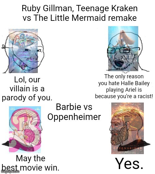 Ruby Gillman, Teenage Kraken couldn't beat The Little Mermaid remake in the box office but Barbie successfully beat Oppenheimer | image tagged in chad we know,barbie,oppenheimer,the little mermaid,movies,hollywood | made w/ Imgflip meme maker