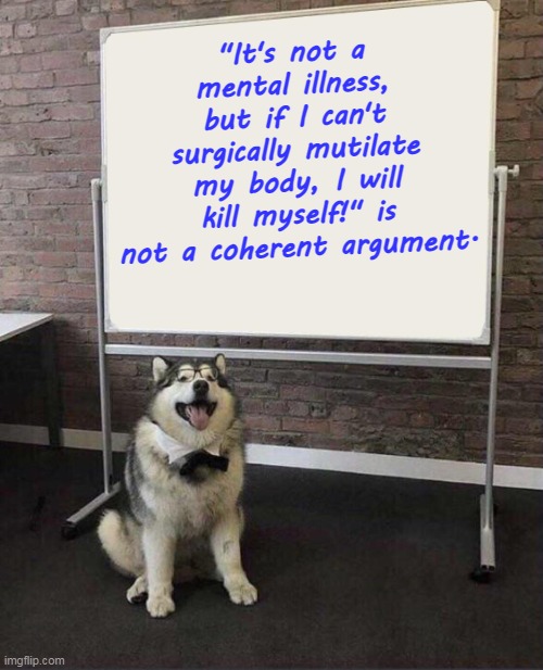 Those that support this for others are properly known as "enablers". | "It's not a mental illness, but if I can't surgically mutilate my body, I will kill myself!" is not a coherent argument. | image tagged in professor doggo,mental illness,liberal logic,tragic,evil | made w/ Imgflip meme maker