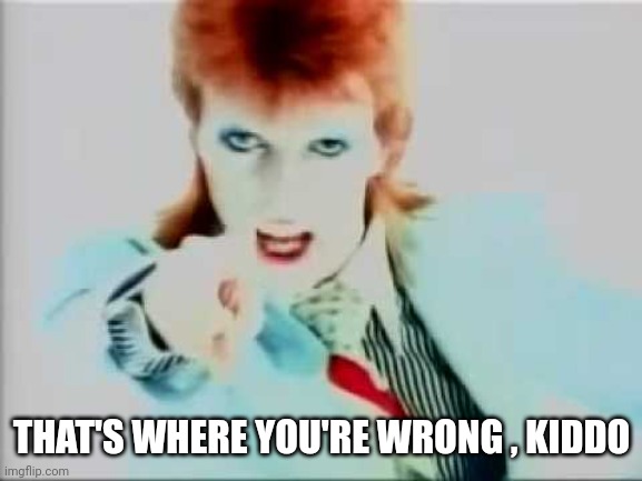 David bowie pointing | THAT'S WHERE YOU'RE WRONG , KIDDO | image tagged in david bowie pointing | made w/ Imgflip meme maker
