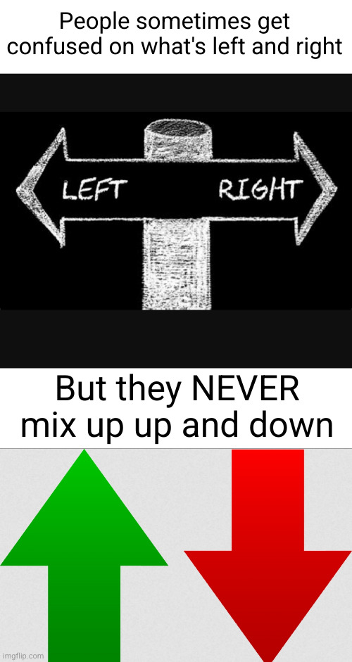 Meme #2,729 | People sometimes get confused on what's left and right; But they NEVER mix up up and down | image tagged in up and down,left and right,shower thoughts,memes,confused,true | made w/ Imgflip meme maker