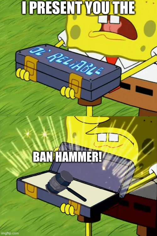Ol' Reliable | I PRESENT YOU THE; BAN HAMMER! | image tagged in ol' reliable | made w/ Imgflip meme maker