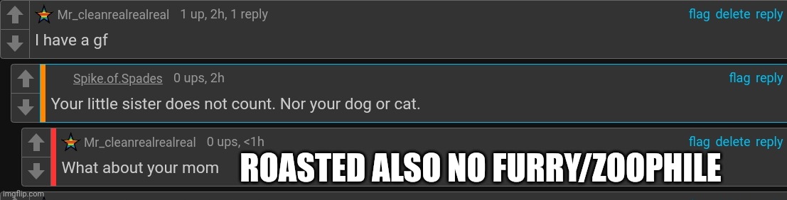 Bruh he got roasted | ROASTED ALSO NO FURRY/ZOOPHILE | image tagged in damnnnn you got roasted | made w/ Imgflip meme maker
