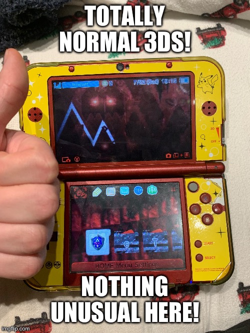 This is not edited, this is an actual photo of my New 3DS XL | TOTALLY NORMAL 3DS! NOTHING UNUSUAL HERE! | image tagged in nothing to see here,slaughter,3ds | made w/ Imgflip meme maker