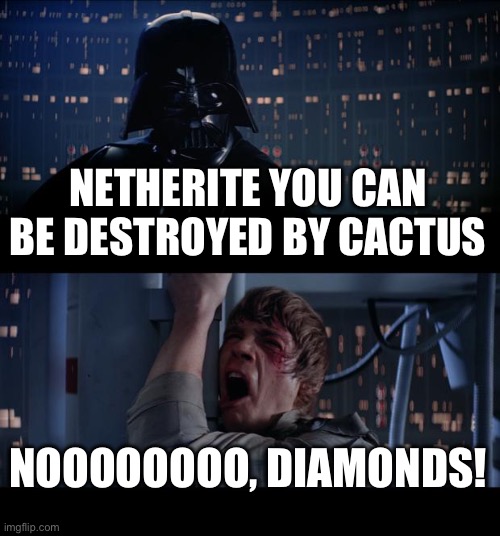 Star Wars No Meme | NETHERITE YOU CAN BE DESTROYED BY CACTUS NOOOOOOOO, DIAMONDS! | image tagged in memes,star wars no | made w/ Imgflip meme maker