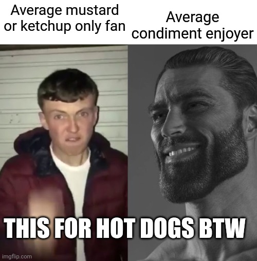 Average Fan vs Average Enjoyer | Average condiment enjoyer; Average mustard or ketchup only fan; THIS FOR HOT DOGS BTW | image tagged in average fan vs average enjoyer,hot dog,ketchup,mustard | made w/ Imgflip meme maker