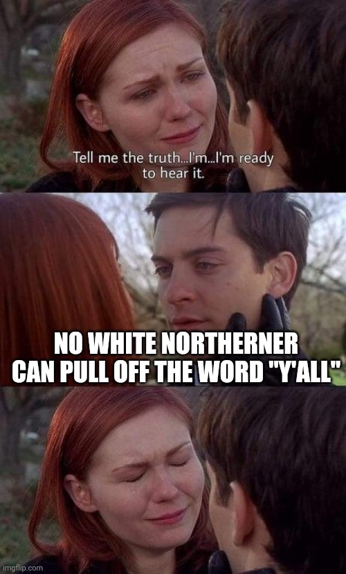 Tell me the truth, I'm ready to hear it | NO WHITE NORTHERNER CAN PULL OFF THE WORD "Y'ALL" | image tagged in tell me the truth i'm ready to hear it | made w/ Imgflip meme maker