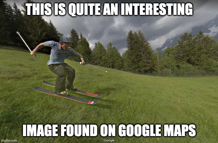 Skiing on Grass | THIS IS QUITE AN INTERESTING; IMAGE FOUND ON GOOGLE MAPS | image tagged in skiing,memes | made w/ Imgflip meme maker