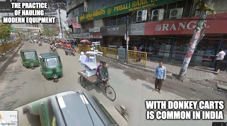 Dentist Chair on Bicycle Cart | THE PRACTICE OF HAULING MODERN EQUIPMENT; WITH DONKEY CARTS IS COMMON IN INDIA | image tagged in funny,memes | made w/ Imgflip meme maker
