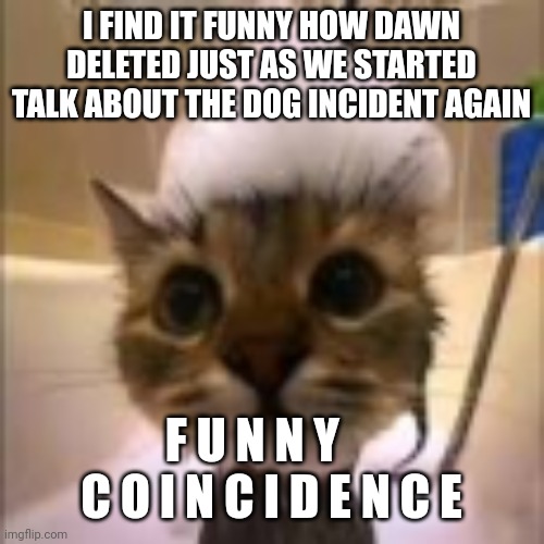His dumbass is NOT taking a shower!!! | I FIND IT FUNNY HOW DAWN DELETED JUST AS WE STARTED TALK ABOUT THE DOG INCIDENT AGAIN; F U N N Y     C O I N C I D E N C E | image tagged in his dumbass is not taking a shower | made w/ Imgflip meme maker