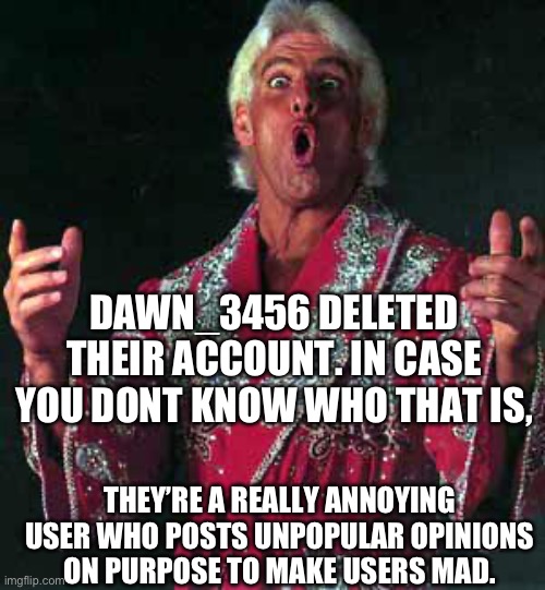 finally | DAWN_3456 DELETED THEIR ACCOUNT. IN CASE YOU DONT KNOW WHO THAT IS, THEY’RE A REALLY ANNOYING USER WHO POSTS UNPOPULAR OPINIONS ON PURPOSE TO MAKE USERS MAD. | image tagged in ric flair woo | made w/ Imgflip meme maker