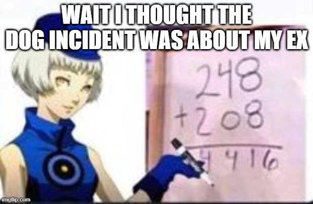 math | WAIT I THOUGHT THE DOG INCIDENT WAS ABOUT MY EX | image tagged in math | made w/ Imgflip meme maker