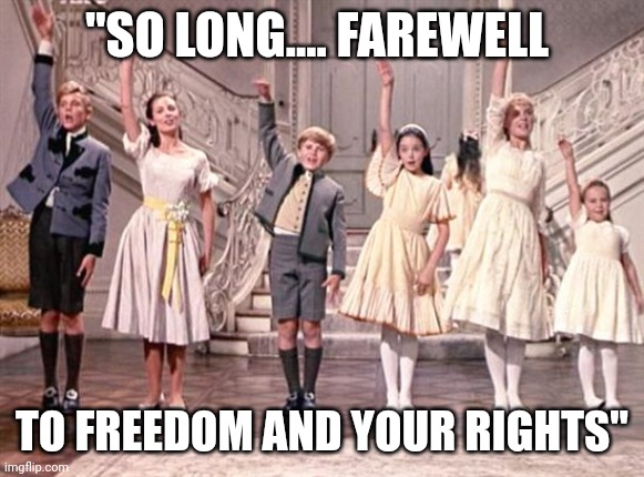 Sound of compliance | "SO LONG.... FAREWELL; TO FREEDOM AND YOUR RIGHTS" | image tagged in so long farewell | made w/ Imgflip meme maker