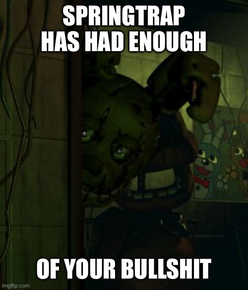 springtrap in door | SPRINGTRAP HAS HAD ENOUGH OF YOUR BULLSHIT | image tagged in springtrap in door | made w/ Imgflip meme maker