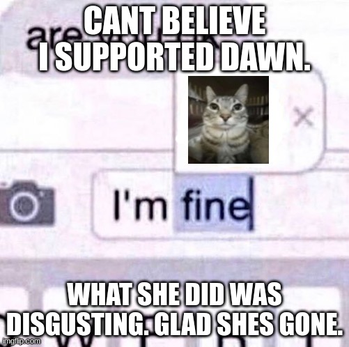 sorry i let you down guys, this is a formal apology. | CANT BELIEVE I SUPPORTED DAWN. WHAT SHE DID WAS DISGUSTING. GLAD SHES GONE. | image tagged in i m fine meme | made w/ Imgflip meme maker