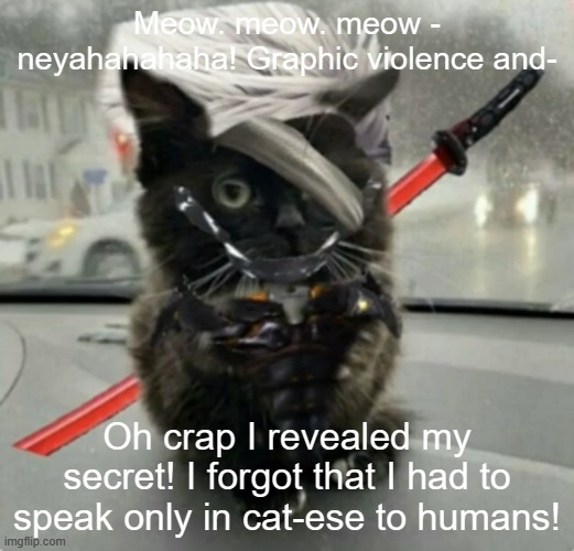 wat | Meow. meow. meow - neyahahahaha! Graphic violence and-; Oh crap I revealed my secret! I forgot that I had to speak only in cat-ese to humans! | image tagged in no,filter,no context,cursed,confused confusing confusion,why are you reading the tags | made w/ Imgflip meme maker