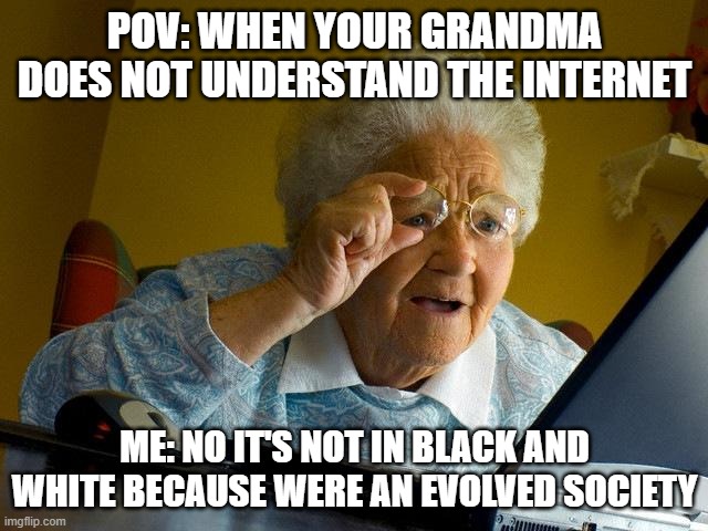 Grandma Finds The Internet Meme | POV: WHEN YOUR GRANDMA DOES NOT UNDERSTAND THE INTERNET; ME: NO IT'S NOT IN BLACK AND WHITE BECAUSE WERE AN EVOLVED SOCIETY | image tagged in memes,grandma finds the internet | made w/ Imgflip meme maker