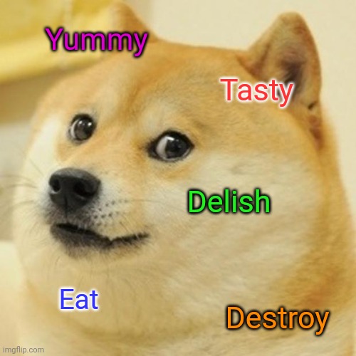 Doge Meme | Yummy; Tasty; Delish; Eat; Destroy | image tagged in memes,doge,yummy,tasty,delicious,eat | made w/ Imgflip meme maker