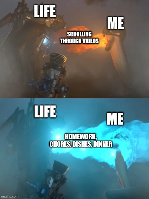 Relatable. | LIFE; ME; SCROLLING THROUGH VIDEOS; LIFE; ME; HOMEWORK, CHORES, DISHES, DINNER | image tagged in memes,skibidi toilet,relatable memes | made w/ Imgflip meme maker
