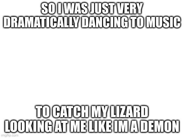 good title | SO I WAS JUST VERY DRAMATICALLY DANCING TO MUSIC; TO CATCH MY LIZARD LOOKING AT ME LIKE IM A DEMON | image tagged in lizard,demon,dancing | made w/ Imgflip meme maker