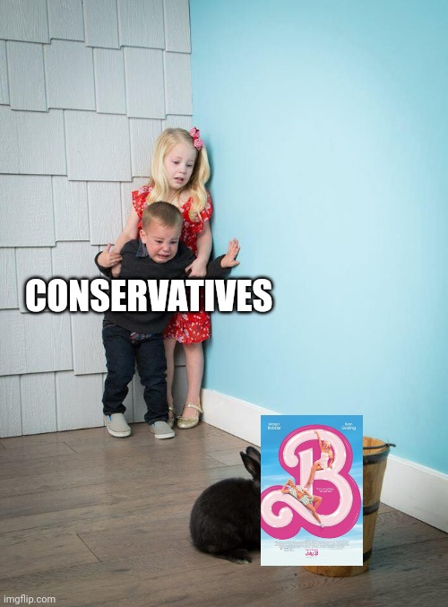 This movie is really harshing their Sound of Freedom buzz | CONSERVATIVES | image tagged in kids afraid of rabbit | made w/ Imgflip meme maker