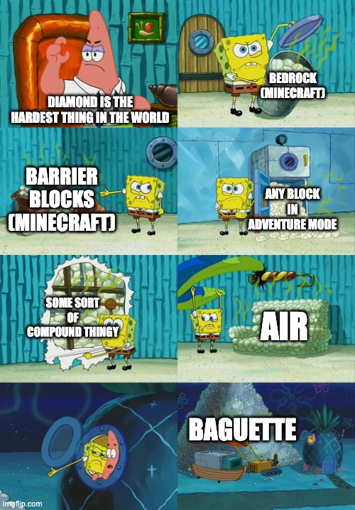 Srsly tho, how hard can baguettes be | BEDROCK (MINECRAFT); DIAMOND IS THE HARDEST THING IN THE WORLD; BARRIER BLOCKS (MINECRAFT); ANY BLOCK IN ADVENTURE MODE; SOME SORT OF COMPOUND THINGY; AIR; BAGUETTE | image tagged in spongebob diapers meme | made w/ Imgflip meme maker