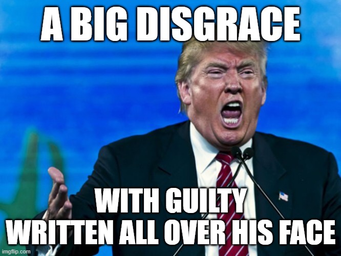 trump yelling sweet little lies | A BIG DISGRACE; WITH GUILTY WRITTEN ALL OVER HIS FACE | image tagged in trump yelling,serious trump,change my mind,why aliens won't talk to us,republican party,maga | made w/ Imgflip meme maker