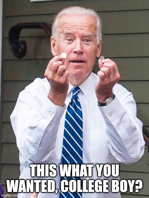 Biden student loan debt | THIS WHAT YOU WANTED, COLLEGE BOY? | image tagged in joe biden quarter | made w/ Imgflip meme maker