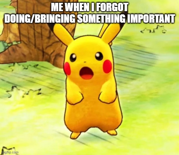 i forgor :skull: | ME WHEN I FORGOT DOING/BRINGING SOMETHING IMPORTANT | image tagged in pokemon mystery dungeon rescue team dx surprised pikachu,i think i forgot something | made w/ Imgflip meme maker